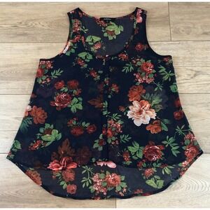 Ambiance Tank Top Blouse Women M Sheer‎ Blue Floral Fairy Whimsy Flowy Hi-Low